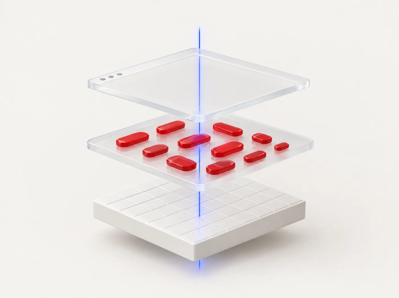 Vue éclatée en verre : grille d'hébergement, couche de modules rouges et fenêtre de navigateur, traversées par un trait de lumière bleue