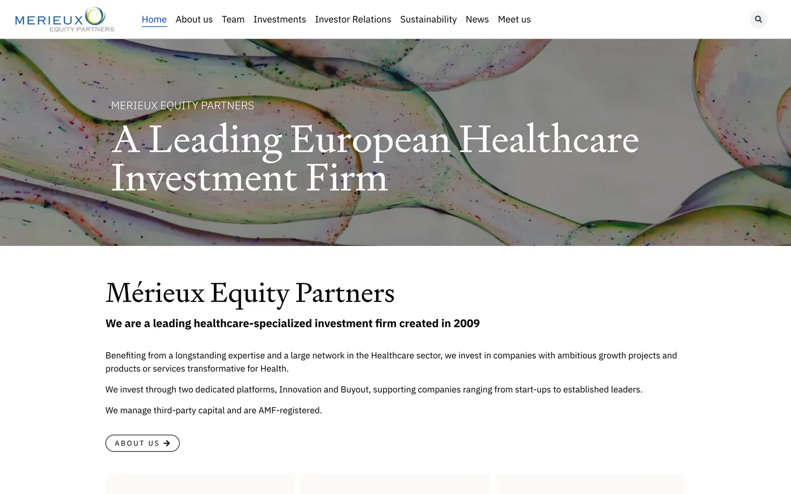 Site Mérieux Equity Partners, page d'accueil sur ordinateur