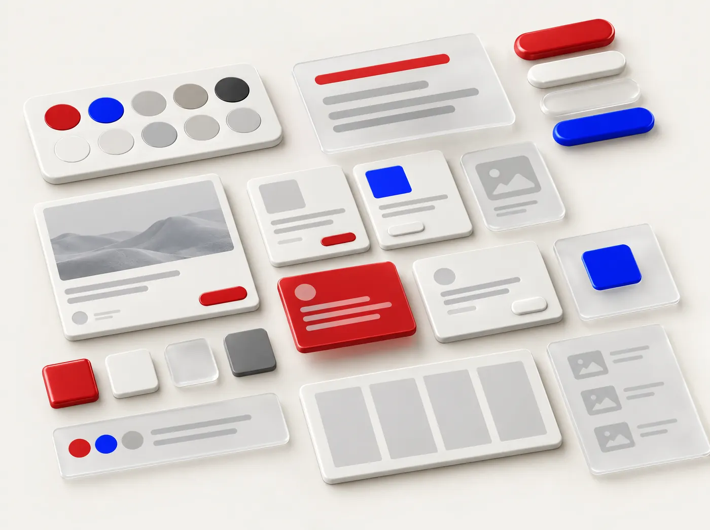Composants d'interface en céramique et en verre alignés sur une table : pastilles de couleur, boutons, cartes et colonnes