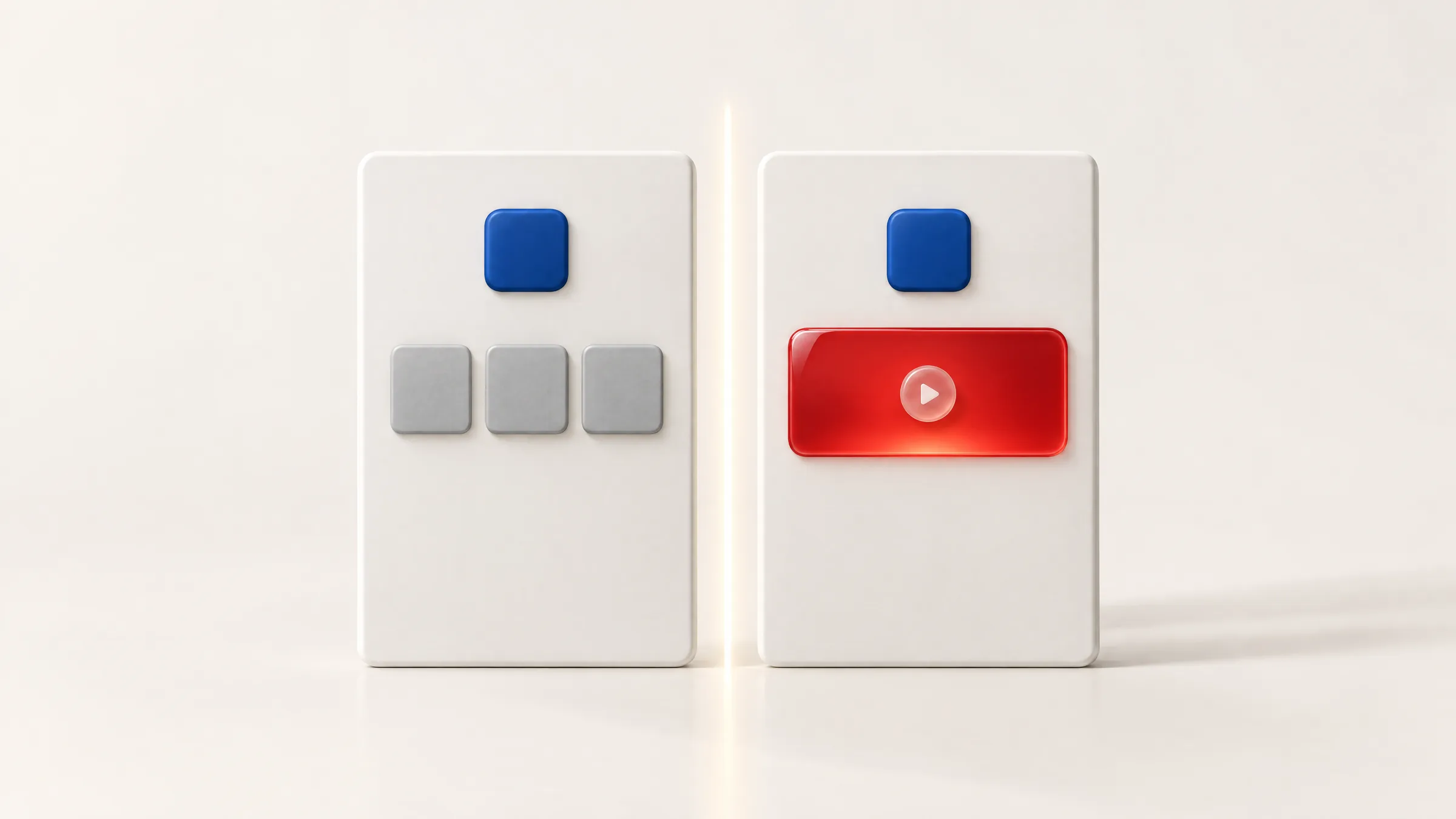 Two ceramic slabs side by side: on the left, three small grey tiles; on the right, one large red panel with a play button