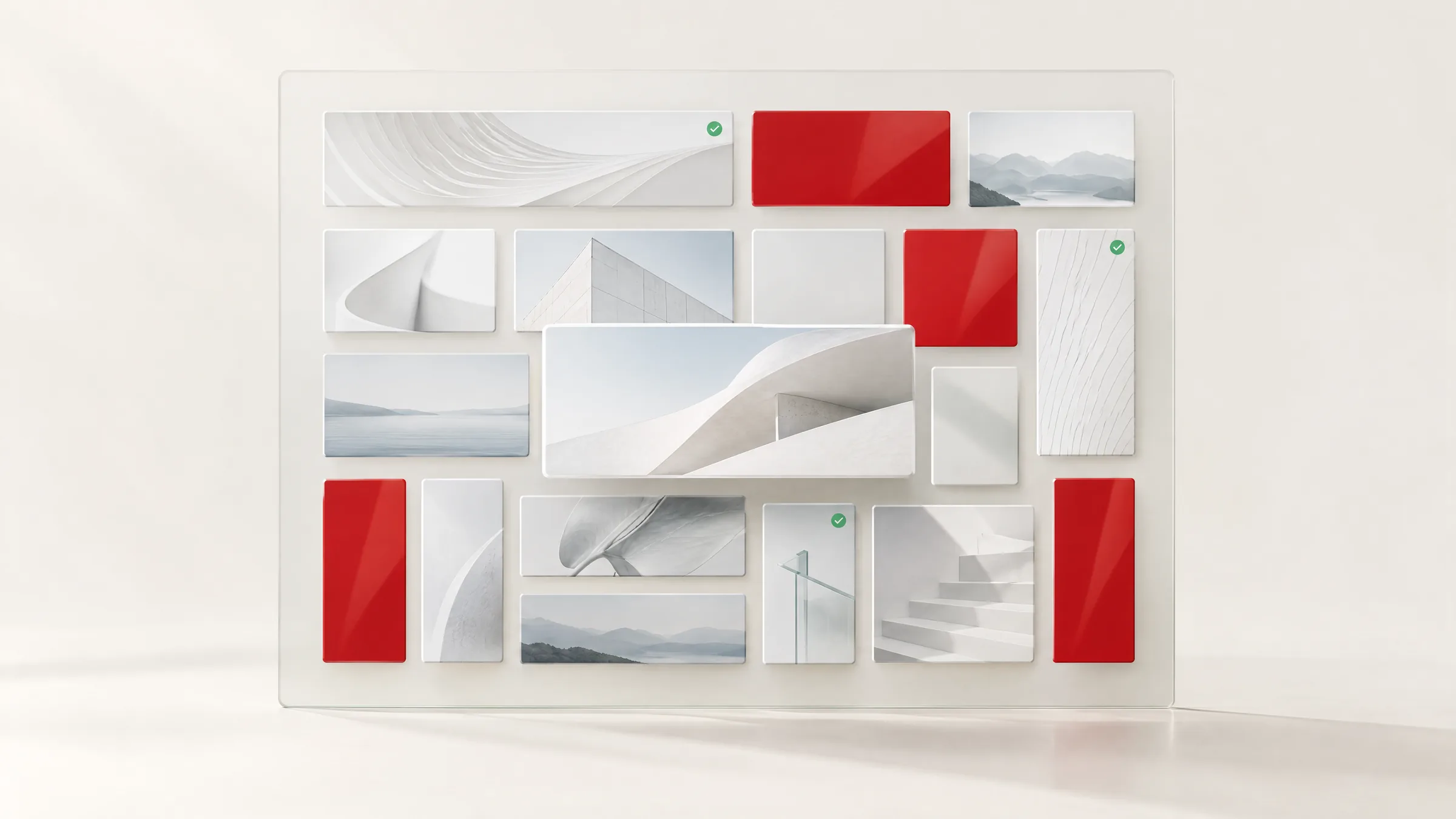 Glass panel holding tiles of different formats, some red, a few marked with a green check, one tile lifted forward