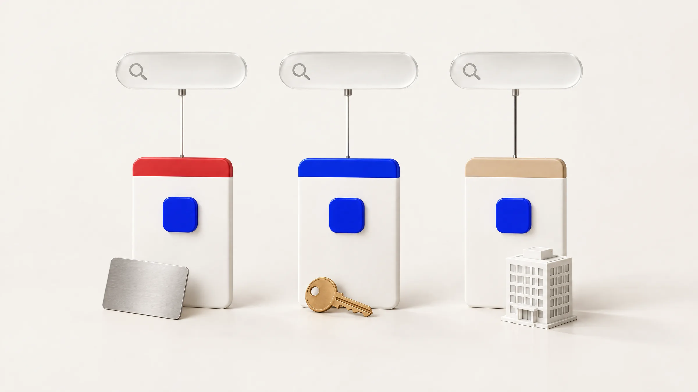 Three glass search bars linked to three ceramic pages of the same app, each topped with a different color, with a bank card, a key and an office building model